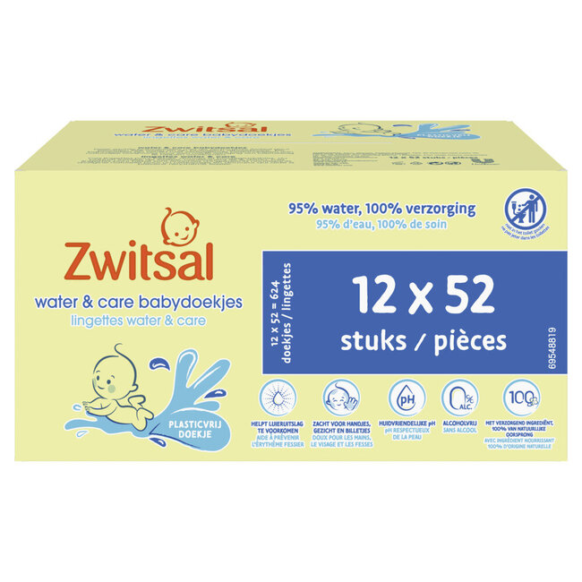 Zwitsal - Billendoekjes-  Water & Care met Zwitsalgeur - 624 babydoekjes - 12 x 52 stuks