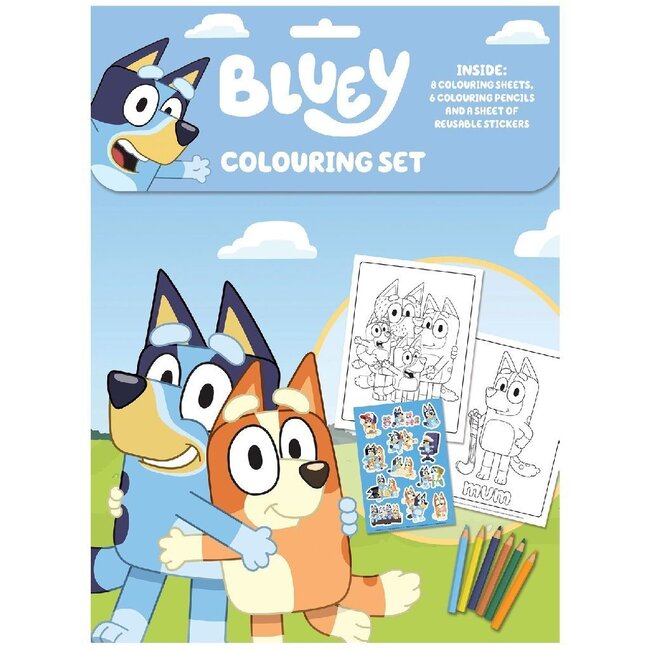 Bluey Bluey - Kleurset - 8 Kleurplaten - 6 Potloden & Grote Stickers