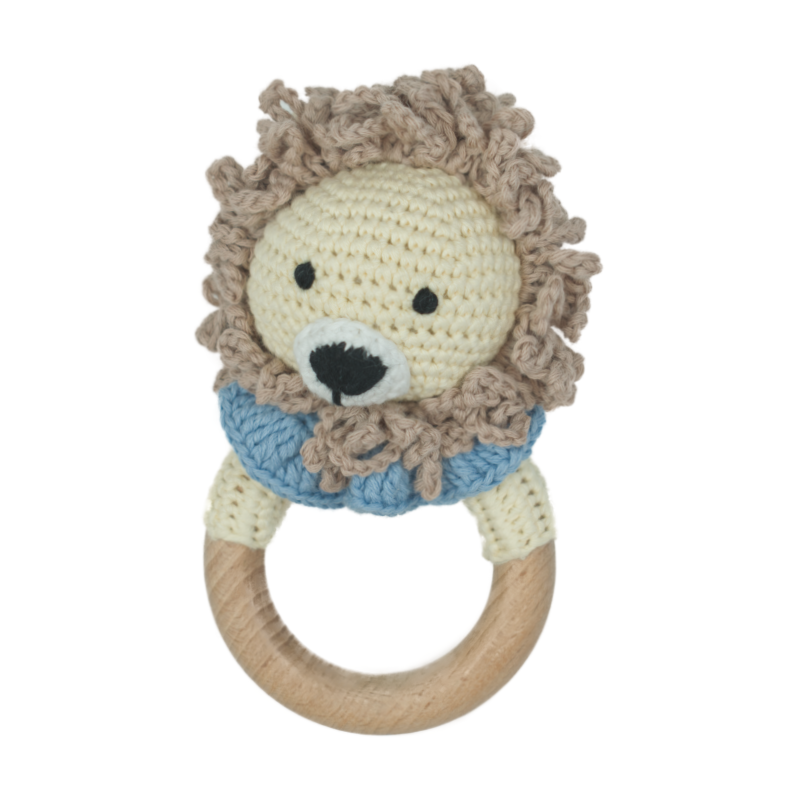 Dutsi - Houten Bijtring & Rammelaar - Met Gebreid Dierenfiguurtje - Ø 7 cm  - Leeuw