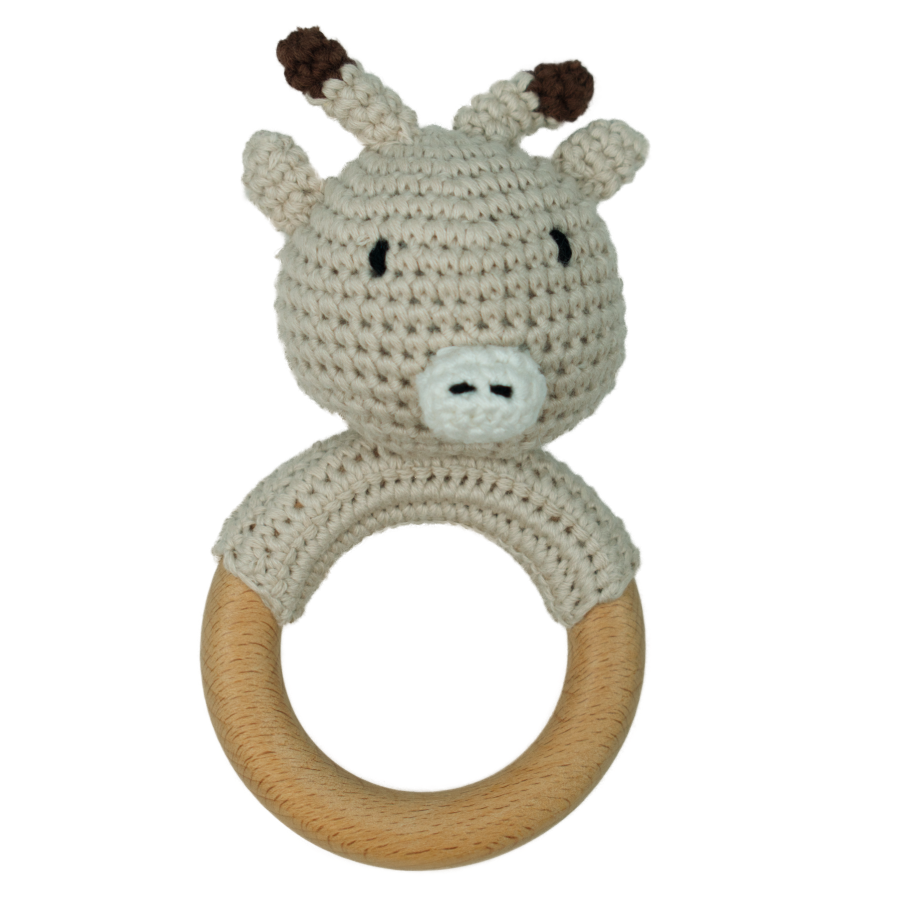 Dutsi - Houten Bijtring & Rammelaar - Met Gebreid Dierenfiguurtje - Ø 7 cm  - Rendier