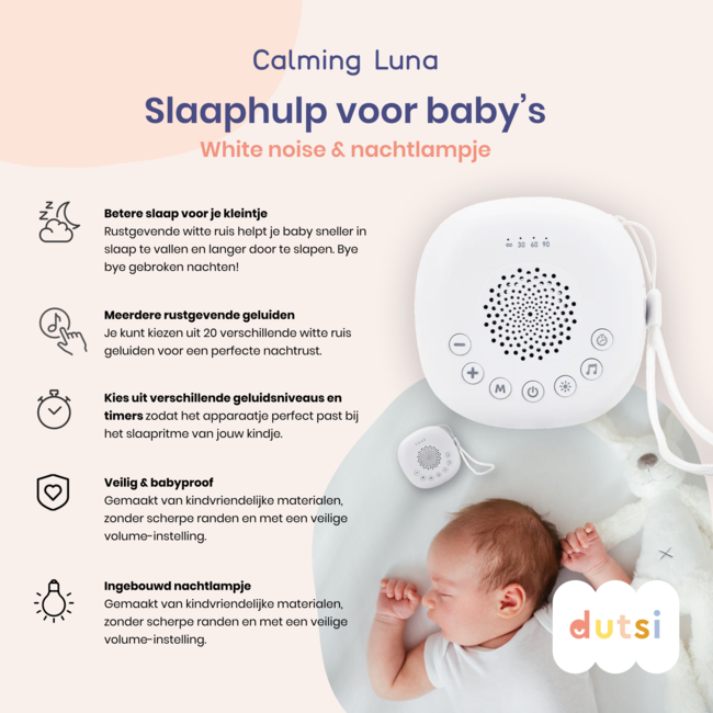 Dutsi - White Noise Machine Baby - Calming Luna - Witte Ruis Apparaat & Nachtlicht - Met handige ophangkoord