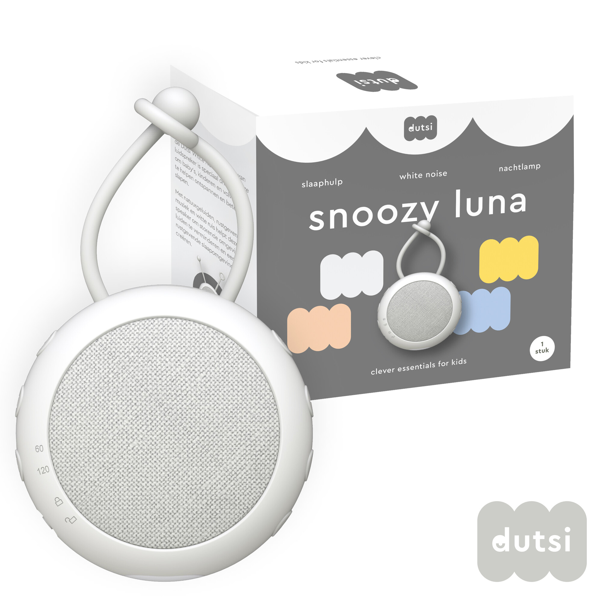 Dutsi – White Noise Machine – Snoozy Luna – Cloud White - Is een witte ruis machine speciaal voor baby's - In een compact en elegant design