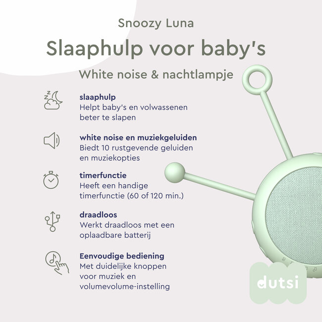 Dutsi White noice ruis machine voor baby’s – Snoozy luna - 10 geluiden, nachtlampje & timer