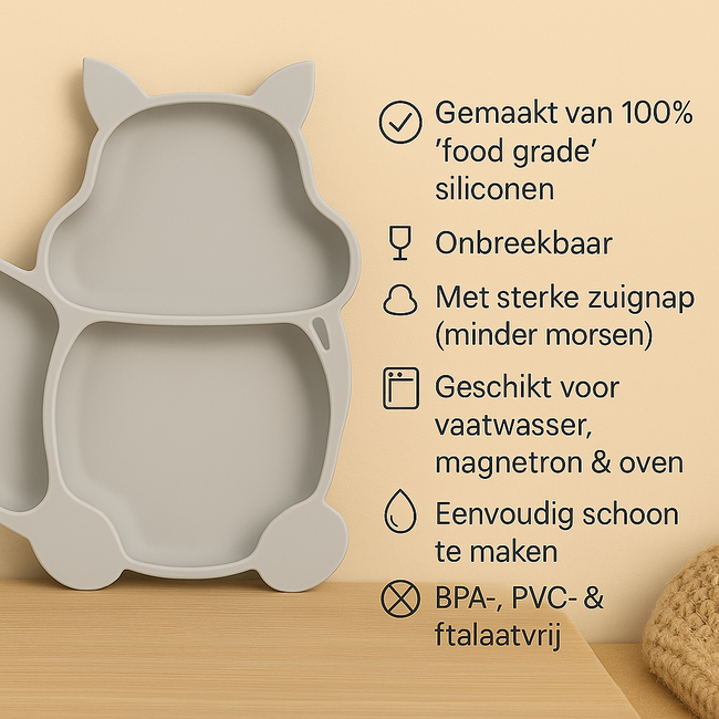 Dutsi - Siliconen - Baby & Kind Bord - Zuignap Bord - Zilvergrijs Vosje