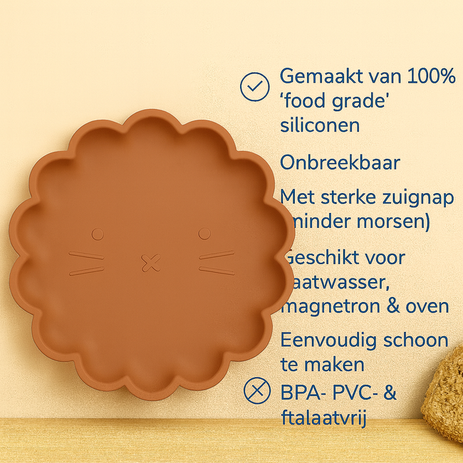 Dutsi - Welpje Serie - Siliconen Babybord - Leeuwen Ontwerp - 18 cm - Kaneelbruin