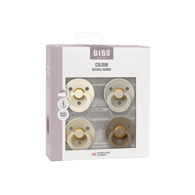BIBS – Fopspenen - Colour – 4 Pack – Rond - Ivory/Sand/Vanilla/Dark Oak – Maat 1