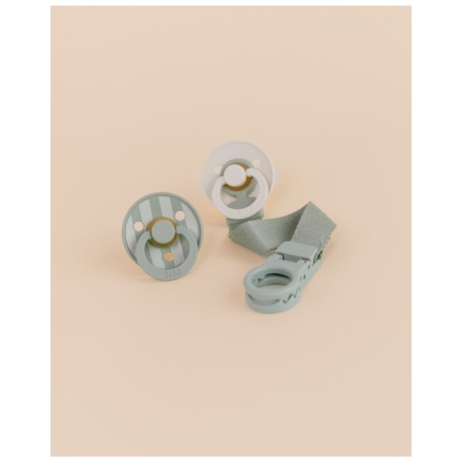 IBS – Pacifier & Clip Gift Set – Sage - Rond – 2 Fopspenen + Fopspeenkoord – Maat 1