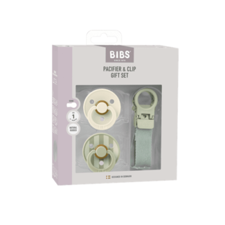 Bibs BIBS – Pacifier & Clip Gift Set – Sage - Rond – 2 Fopspenen + Fopspeenkoord – Maat 1