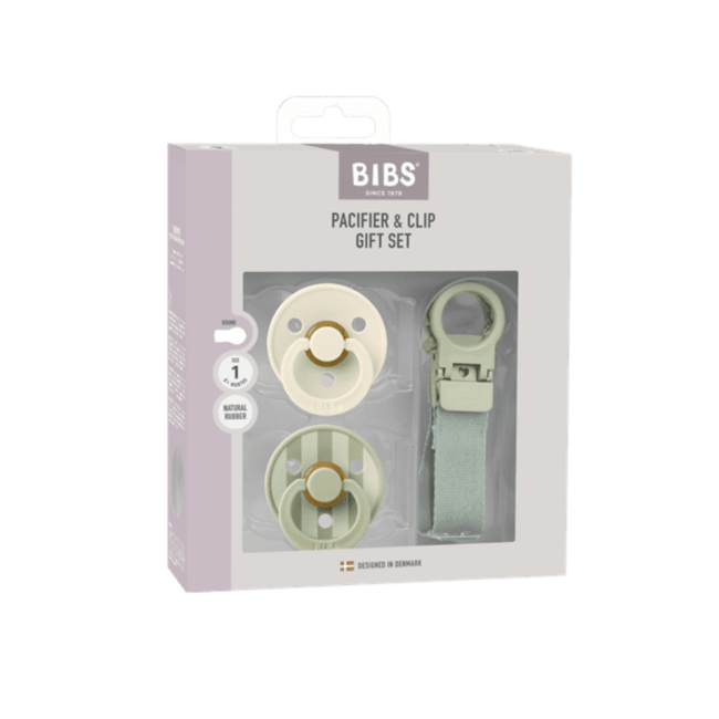 IBS – Pacifier & Clip Gift Set – Sage - Rond – 2 Fopspenen + Fopspeenkoord – Maat 1