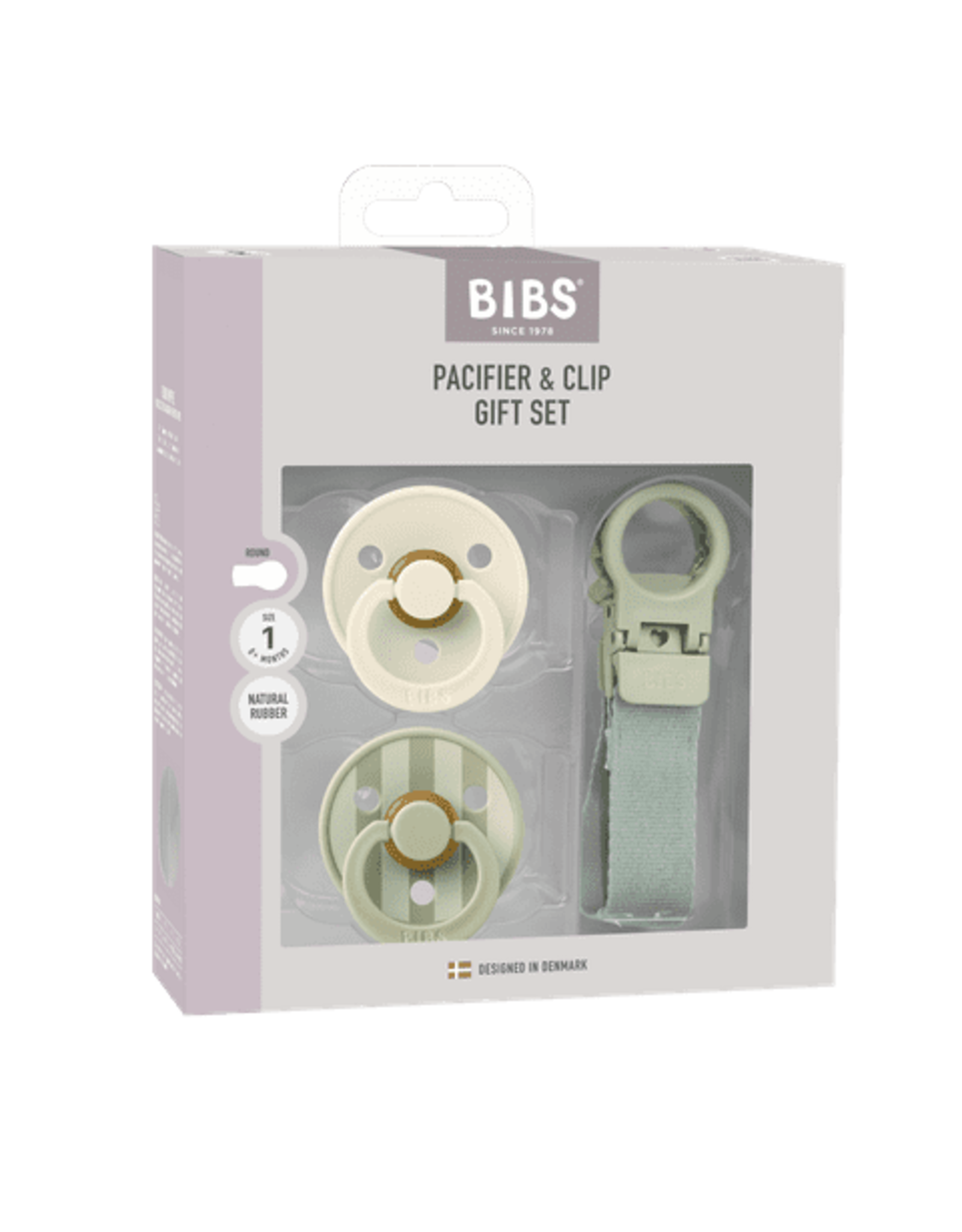 Bibs IBS � Pacifier & Clip Gift Set � Sage - Rond � 2 Fopspenen + Fopspeenkoord � Maat 1