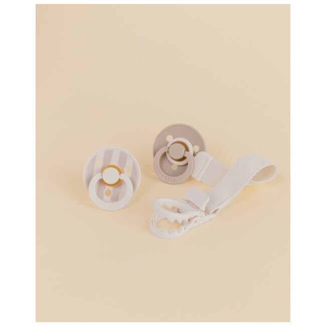 BIBS – Pacifier & Clip Gift Set – Ivory - Rond – 2 Fopspenen + Fopspeenkoord – Maat 1