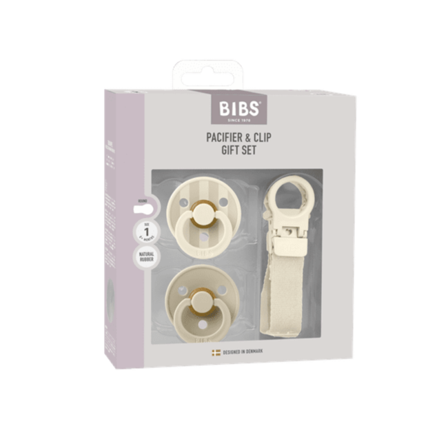 BIBS – Pacifier & Clip Gift Set – Ivory - Rond – 2 Fopspenen + Fopspeenkoord – Maat 1