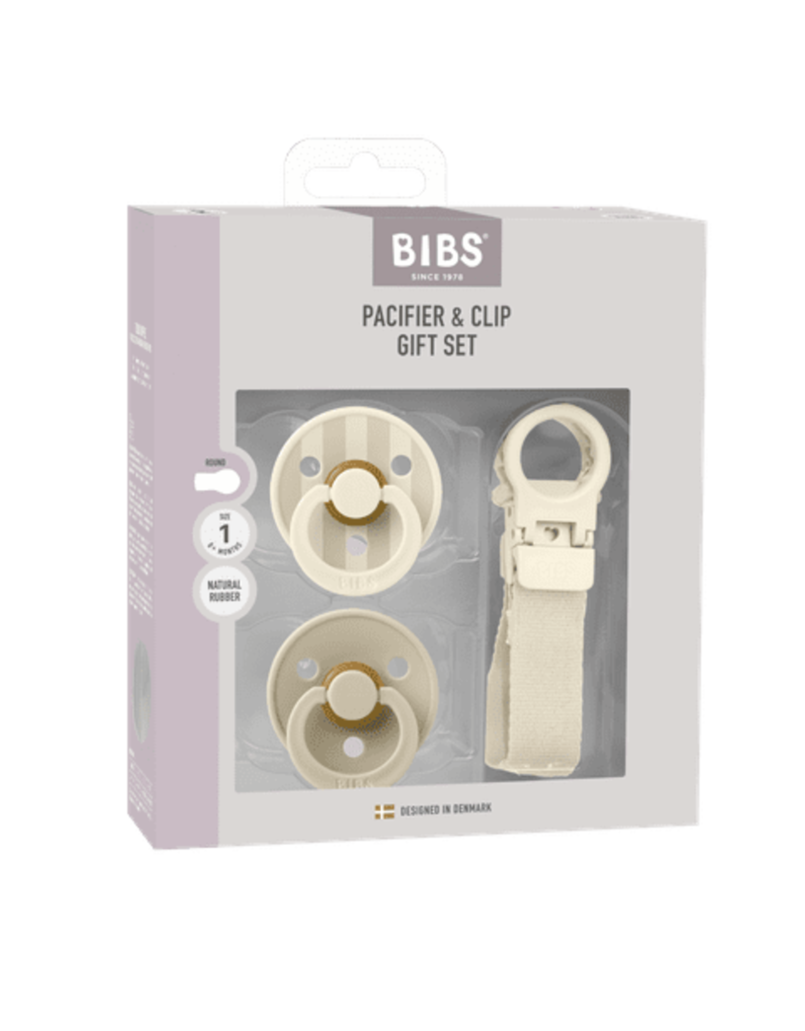 Bibs � Pacifier & Clip Gift Set � Ivory - Rond � 2 Fopspenen + Fopspeenkoord � Maat 1