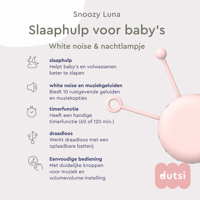 Dutsi - Snoozy Luna - White Noise Machine - 10 Geluiden - Timer - Nachtlampje - Baby Pink