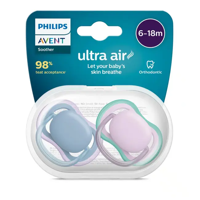 Philips Avent - Ultra Air - Fopspeen – 6-18 maanden - Lila/Blauw – 2 stuks