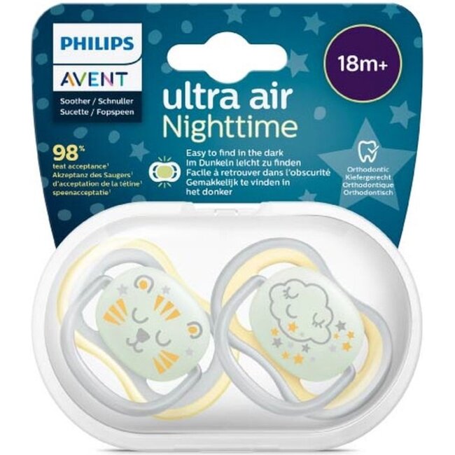 Philips Avent - Ultra Air - Night Fopspeen – 18+ maanden - Wolk/Tijger – 2 stuks