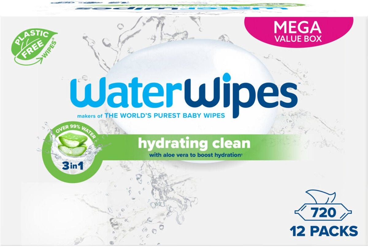 Waterwipes Hydrating Clean Billendoekjes � 12 Pack � 720 Babydoekjes met Aloe Vera