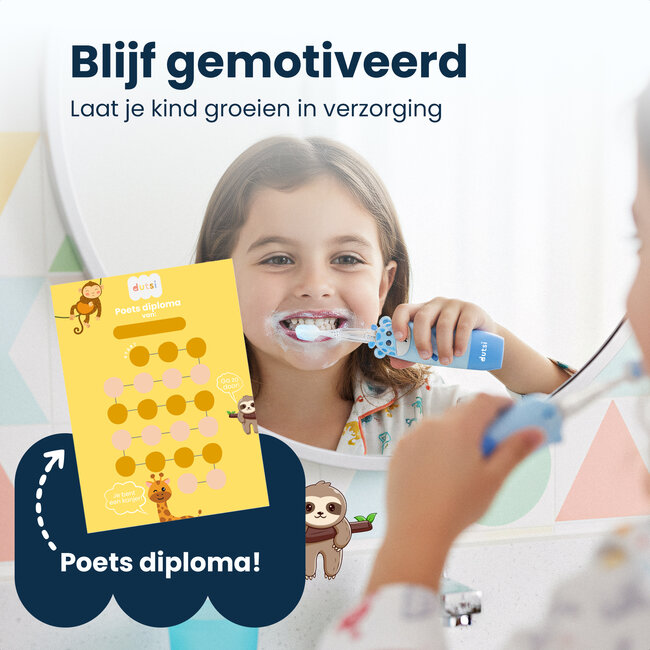 Dutsi - Blinky Raf - Sonische Kindertandenborstel - 0 t/m 6 jaar - Baby Tandenborstel - Met Timer, Lichtshow & Oplaadbaar - Inclusief 4 Opzetborstels & Poetsdiploma - Blauw