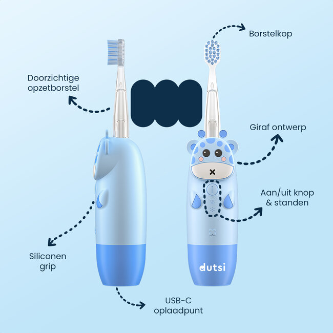 Dutsi - Blinky Raf - Sonische Kindertandenborstel - 0 t/m 6 jaar - Baby Tandenborstel - Met Timer, Lichtshow & Oplaadbaar - Inclusief 4 Opzetborstels & Poetsdiploma - Blauw