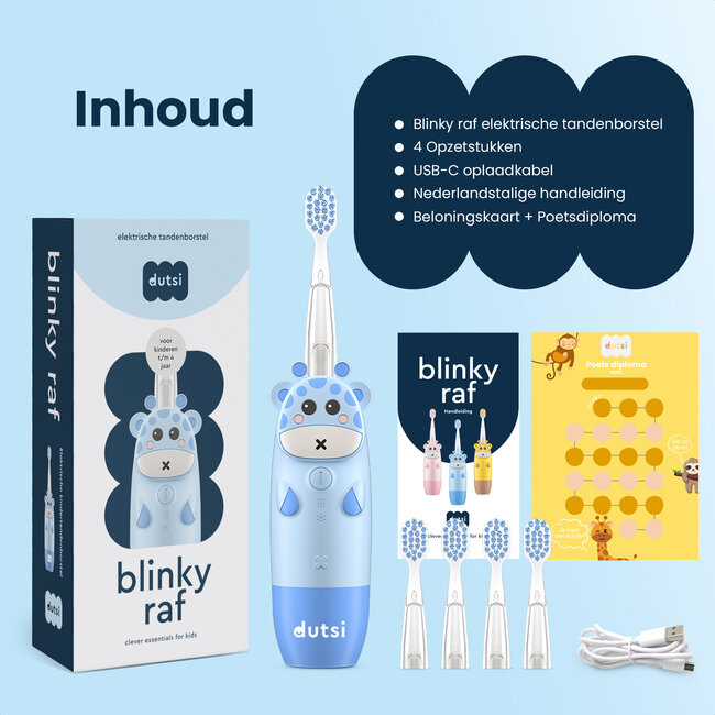Dutsi - Blinky Raf - Sonische Kindertandenborstel - 0 t/m 6 jaar - Baby Tandenborstel - Met Timer, Lichtshow & Oplaadbaar - Inclusief 4 Opzetborstels & Poetsdiploma - Blauw