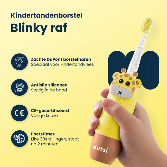 Dutsi - Blinky Raf - Sonische Kindertandenborstel - 0 t/m 6 jaar - Baby Tandenborstel - Met Timer, Lichtshow & Oplaadbaar - Inclusief 4 Opzetborstels & Poetsdiploma - Geel