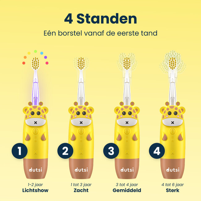 Dutsi - Blinky Raf - Sonische Kindertandenborstel - 0 t/m 6 jaar - Baby Tandenborstel - Met Timer, Lichtshow & Oplaadbaar - Inclusief 4 Opzetborstels & Poetsdiploma - Geel