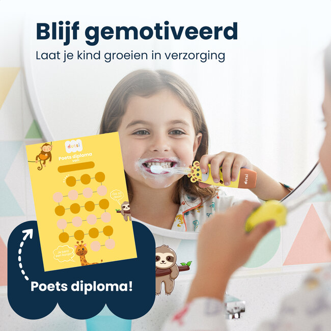 Dutsi - Blinky Raf - Sonische Kindertandenborstel - 0 t/m 6 jaar - Baby Tandenborstel - Met Timer, Lichtshow & Oplaadbaar - Inclusief 4 Opzetborstels & Poetsdiploma - Geel