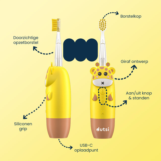 Dutsi - Elektrische Kindertandenborstel – Sonisch – Voor Kinderen tot 6 Jaar – Met Timer – Oplaadbaar – Extra Zachte Borstel – 4 Opzetborstels – Geel
