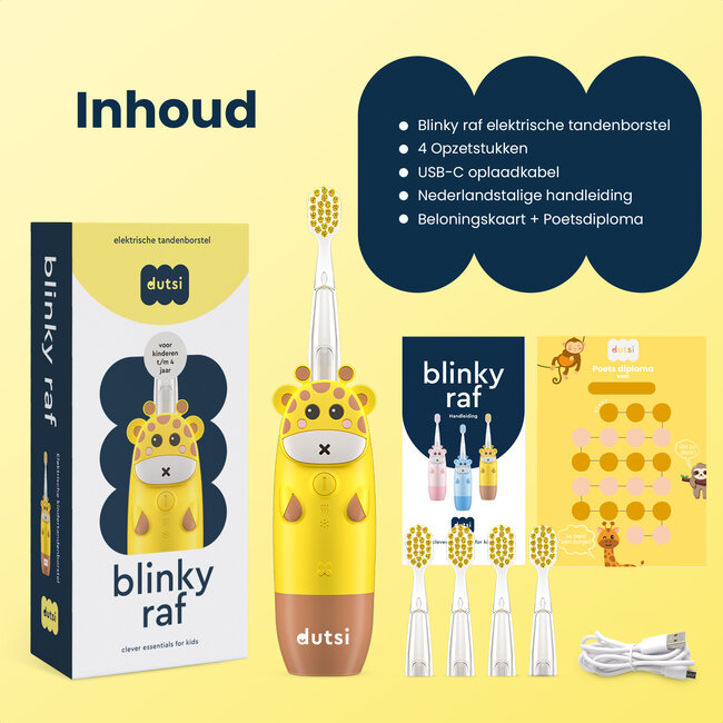 Dutsi - Blinky Raf - Sonische Kindertandenborstel - 0 t/m 6 jaar - Baby Tandenborstel - Met Timer, Lichtshow & Oplaadbaar - Inclusief 4 Opzetborstels & Poetsdiploma - Geel