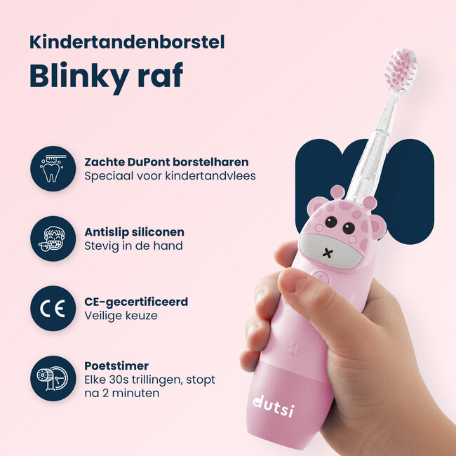Dutsi - Blinky Raf - Sonische Kindertandenborstel - 0 t/m 6 jaar - Baby Tandenborstel - Met Timer, Lichtshow & Oplaadbaar - Inclusief 4 Opzetborstels & Poetsdiploma - Roze