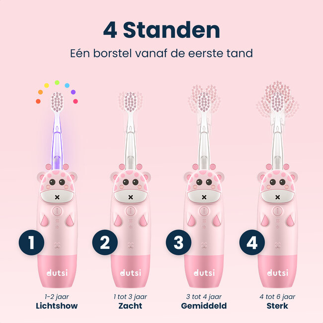 Dutsi - Elektrische Kindertandenborstel – Sonisch – Voor Kinderen tot 6 Jaar – Met Timer – Oplaadbaar – Extra Zachte Borstel – 4 Opzetborstels – Roze