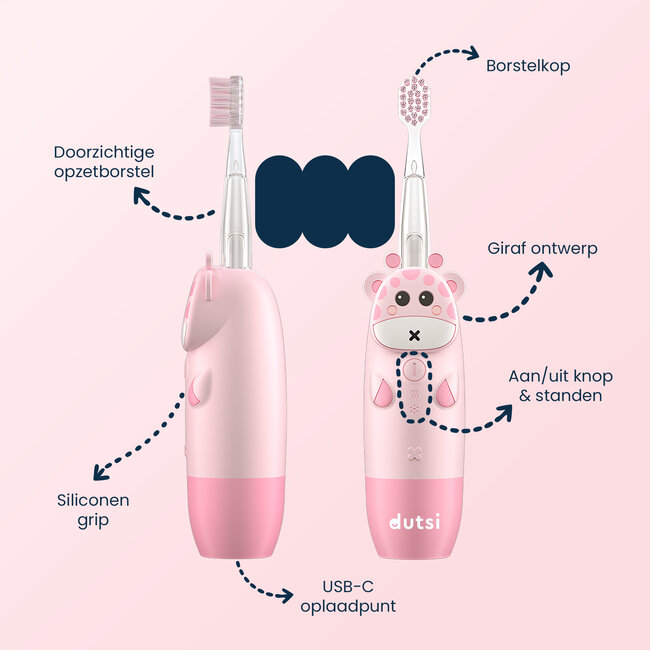 Dutsi - Blinky Raf - Sonische Kindertandenborstel - 0 t/m 6 jaar - Baby Tandenborstel - Met Timer, Lichtshow & Oplaadbaar - Inclusief 4 Opzetborstels & Poetsdiploma - Roze