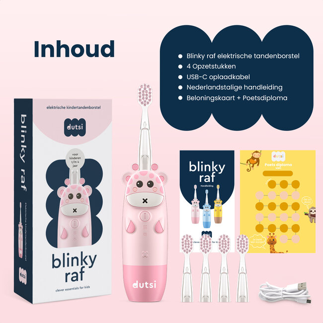 Dutsi - Blinky Raf - Sonische Kindertandenborstel - 0 t/m 6 jaar - Baby Tandenborstel - Met Timer, Lichtshow & Oplaadbaar - Inclusief 4 Opzetborstels & Poetsdiploma - Roze