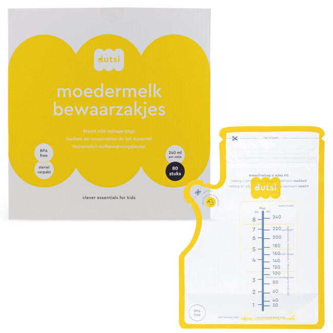Dutsi - Moedermelk Bewaarzakjes - 240 ml - 80 stuks – Lekvrije borstvoeding zakjes met dubbele sluiting – BPA-vrij en steriel – Groot schrijfvlak en handige schenktuit - Recyclebaar