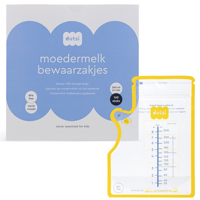 Dutsi Dutsi - Moedermelk Bewaarzakjes - 240 ml - 160 stuks – Lekvrije borstvoeding zakjes met dubbele sluiting – BPA-vrij en steriel – Groot schrijfvlak en handige schenktuit - Recyclebaar
