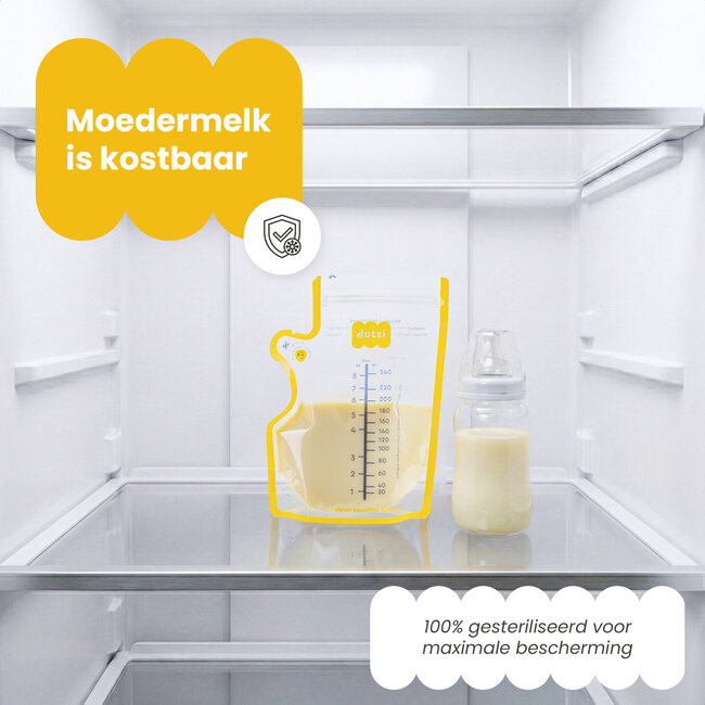 Dutsi - Moedermelk Bewaarzakjes - 240 ml - 80 stuks – Lekvrije borstvoeding zakjes met dubbele sluiting – BPA-vrij en steriel – Groot schrijfvlak en handige schenktuit - Recyclebaar