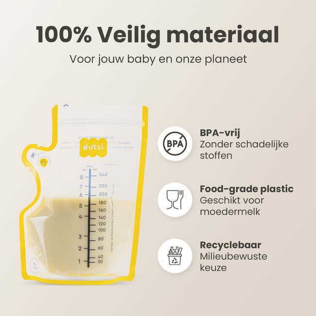Dutsi - Moedermelk Bewaarzakjes - 240 ml - 160 stuks – Lekvrije borstvoeding zakjes met dubbele sluiting – BPA-vrij en steriel – Groot schrijfvlak en handige schenktuit - Recyclebaar