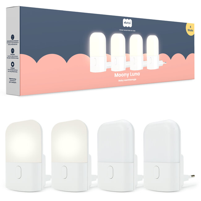 Dutsi Moony Luna Nachtlampje Stopcontact - Met Dag/Nacht Sensor - Dimbaar in 3 Standen - Voor Baby, Kind & Volwassenen - Warm Wit LED Licht – 4-pack