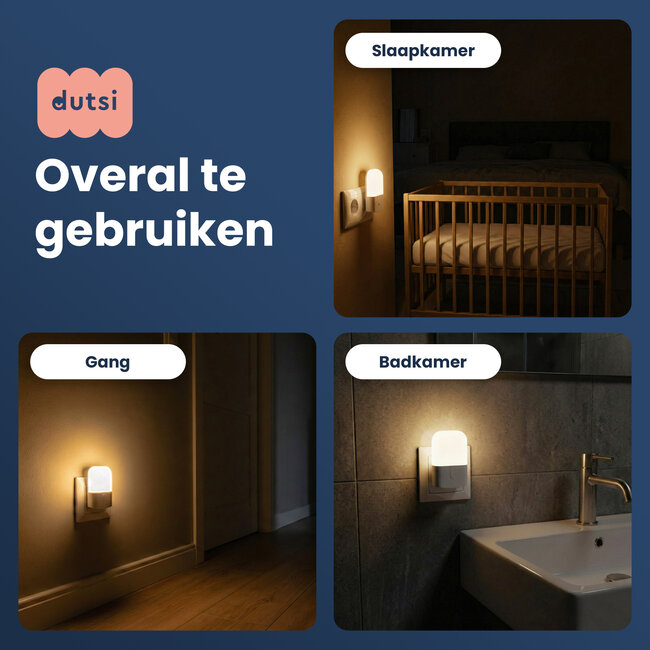 Dutsi Moony Luna Nachtlampje Stopcontact - Met Dag/Nacht Sensor - Dimbaar in 3 Standen - Voor Baby, Kind & Volwassenen - Warm Wit LED Licht – 4-pack
