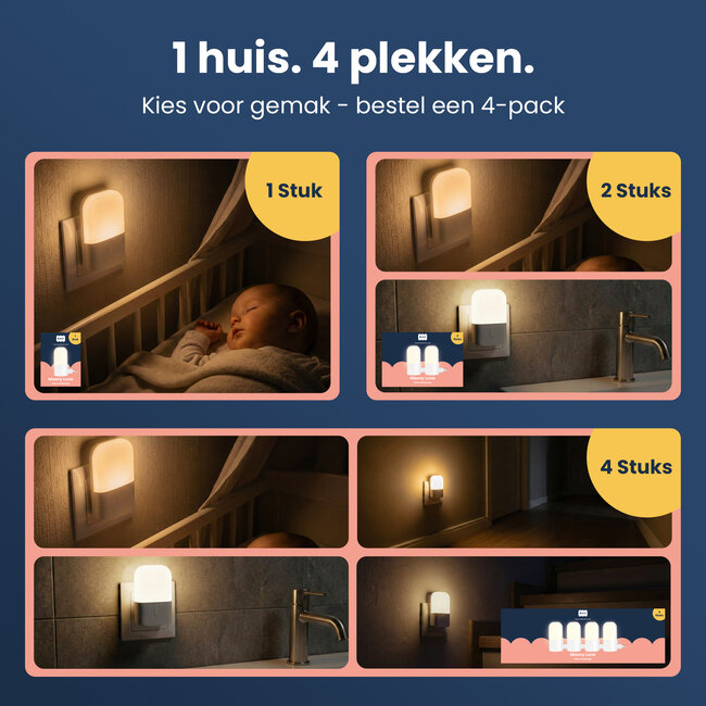 Dutsi Moony Luna Nachtlampje Stopcontact - Met Dag/Nacht Sensor - Dimbaar in 3 Standen - Voor Baby, Kind & Volwassenen - Warm Wit LED Licht – 4-pack