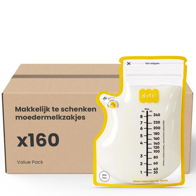 Dutsi - Moedermelk Bewaarzakjes - 240 ml - 160 stuks – Lekvrije borstvoeding zakjes met dubbele sluiting – BPA-vrij en steriel – Groot schrijfvlak en handige schenktuit - Recyclebaar