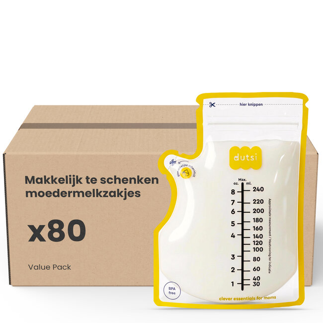Dutsi - Moedermelk Bewaarzakjes - 240 ml - 80 stuks – Lekvrije borstvoeding zakjes met dubbele sluiting – BPA-vrij en steriel – Groot schrijfvlak en handige schenktuit - Recyclebaar