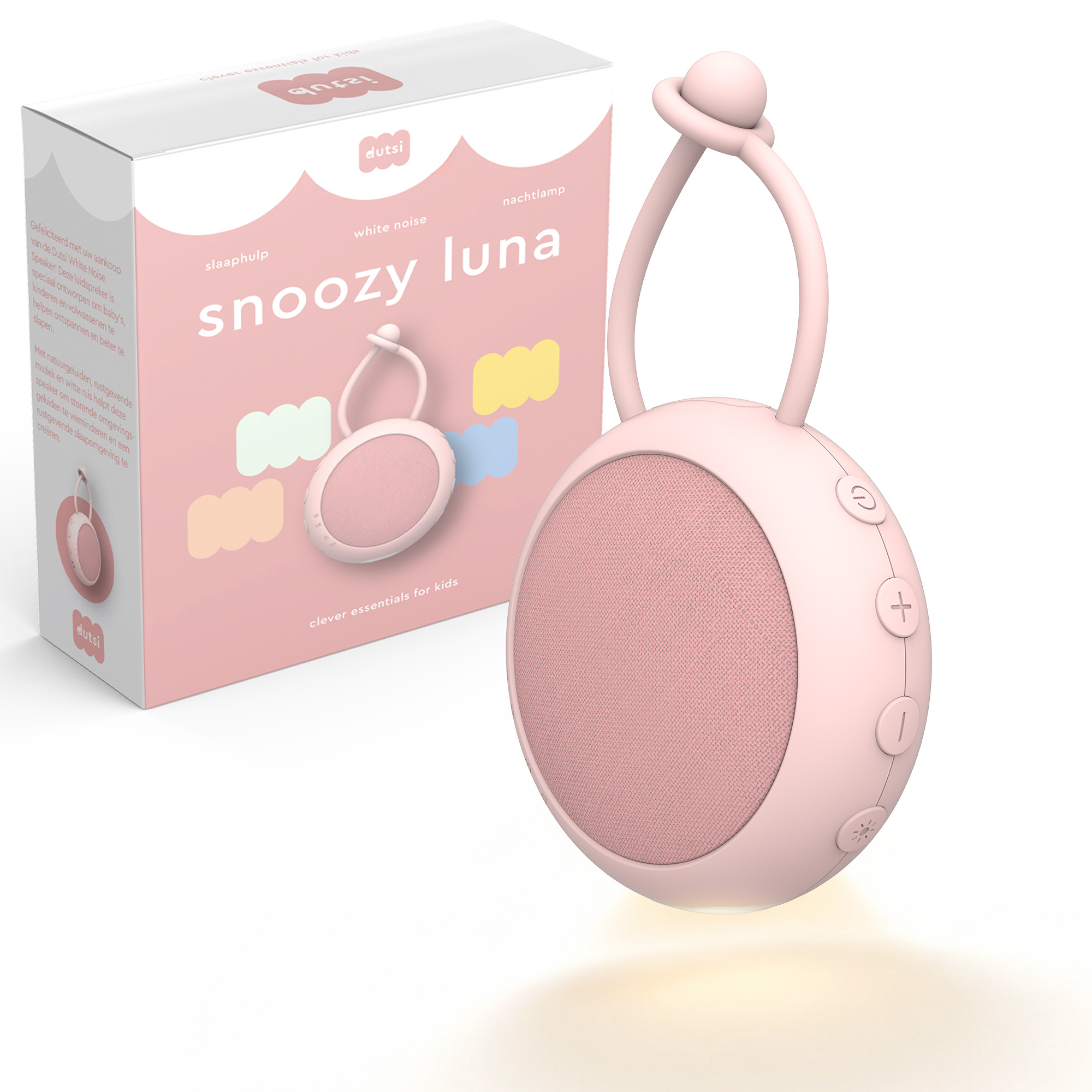 Dutsi - Snoozy Luna - White Noise Machine - 10 Geluiden - Timer - Nachtlampje - Baby Pink