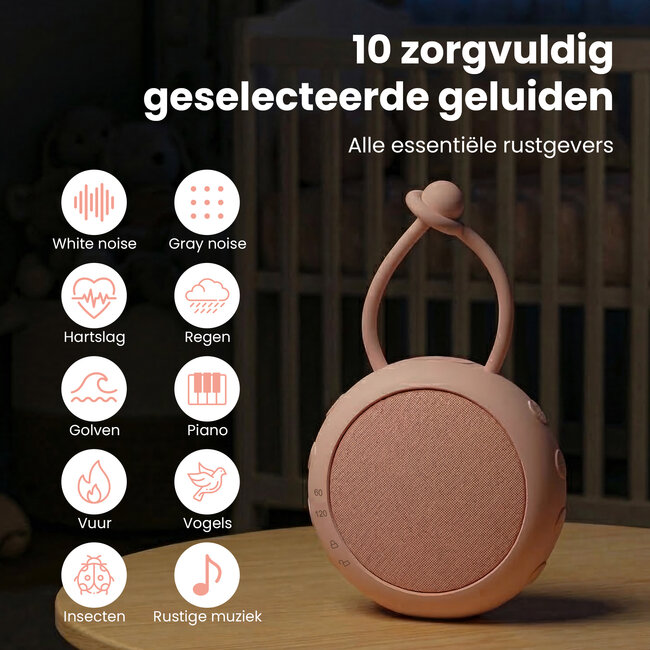 Dutsi - Snoozy Luna - White Noise Machine - 10 Geluiden - Timer - Nachtlampje - Baby Pink