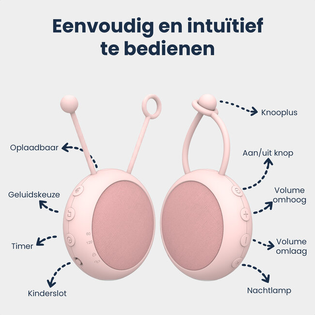 Dutsi - Snoozy Luna - White Noise Machine - 10 Geluiden - Timer - Nachtlampje - Baby Pink