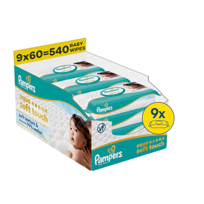 Pampers - Aqua Soft Touch Babydoekjes - 9 x 60= 540 Billendoekjes