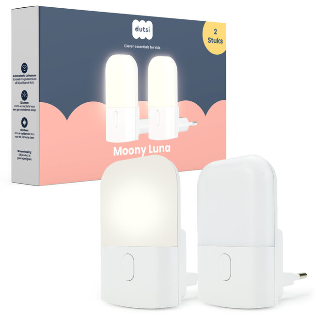 Dutsi Dutsi - Moony Luna - Nachtlampje Stopcontact - Met Dag/Nacht Sensor - Dimbaar in 3 Standen - Voor Baby, Kind & Volwassenen - Warm Wit LED Licht – 2-pack