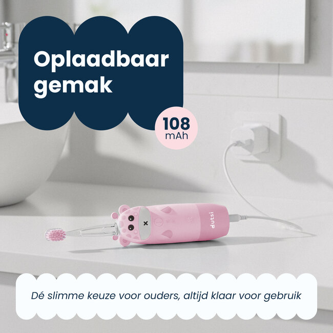 Dutsi - Elektrische Kindertandenborstel – Sonisch – Voor Kinderen tot 6 Jaar – Met Timer – Oplaadbaar – Extra Zachte Borstel – 4 Opzetborstels – Roze