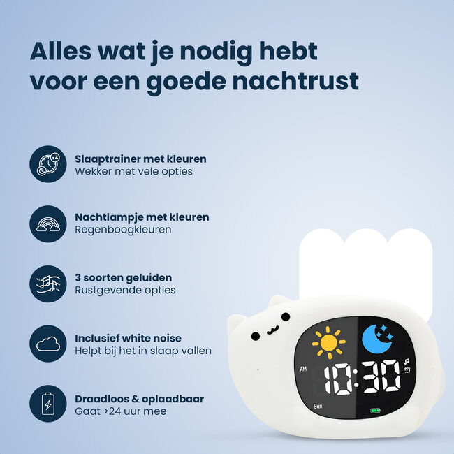 Dutsi - Sleepy Luna - 3-in-1 Slaaptrainer Katje – Slaapwekker - Nachtlampje - White Noise