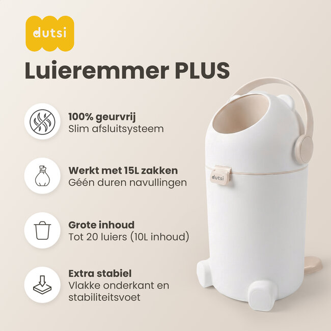 Dutsi - Luieremmer PLUS – 100% Geurvrij & Extra Stabiel – 10L inhoud - Incl. 40 Zakjes - Beige/Taupe